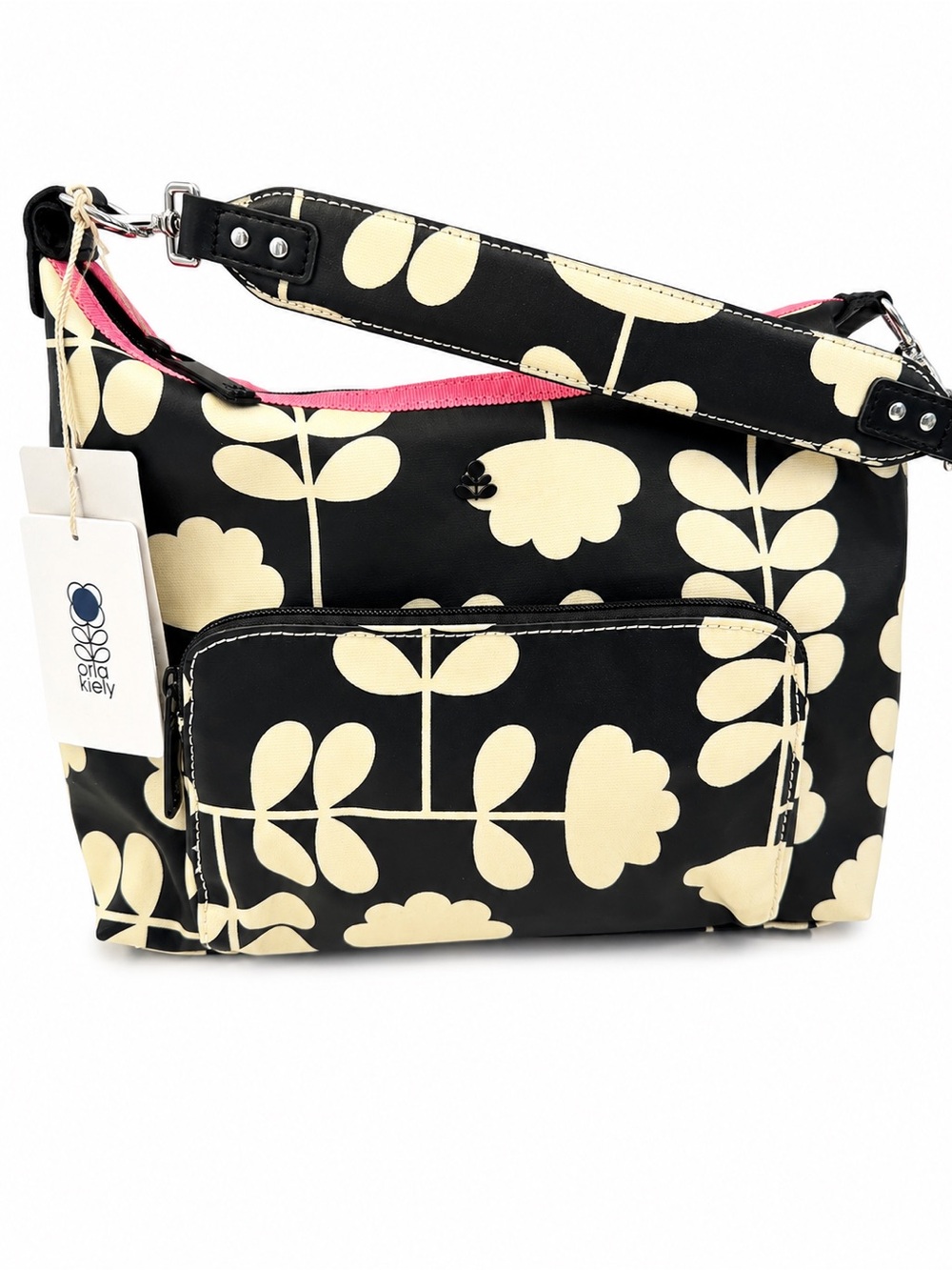 Orla Kiely Black and Cream Floral Shoulder Bag with Pink Trim- mini hobo